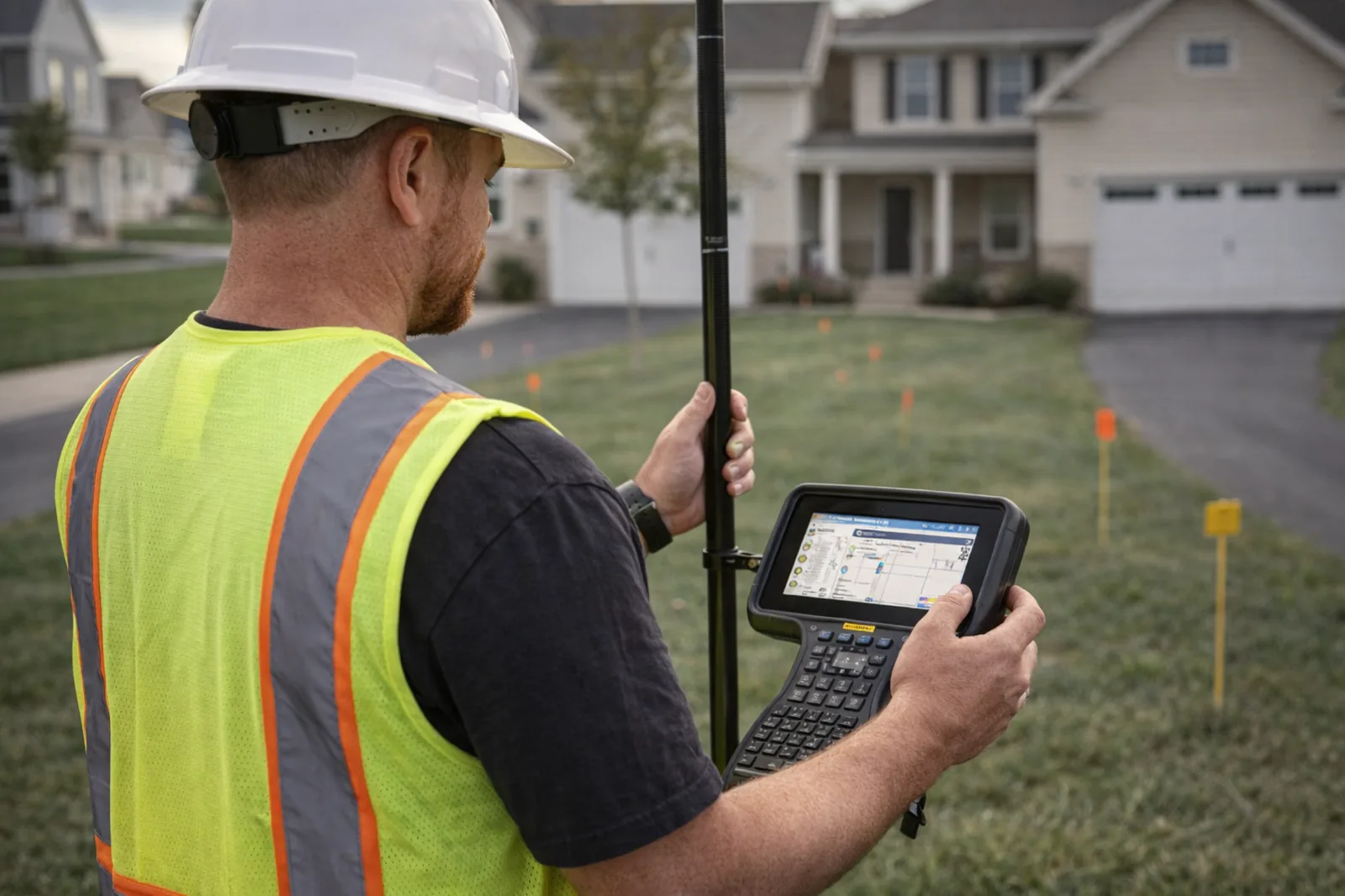 Surveyor using GPS equipment for a boundary and lot survey